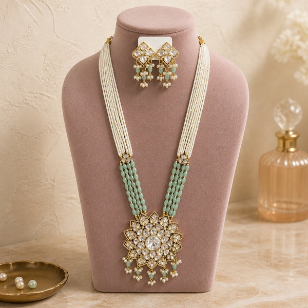 Mint green and pearl Kundan long mala necklace set with matching earrings