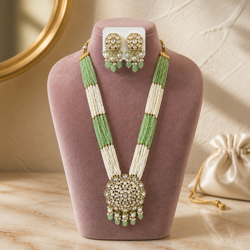 Mint green and pearl long mala necklace set with matching earrings