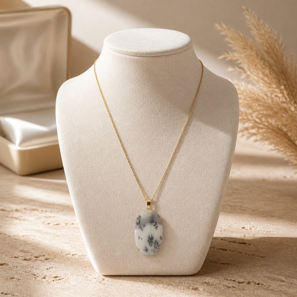 Mossy opal oval natural stone pendant necklace with black dendritic pattern