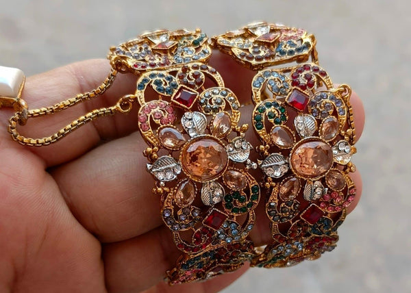 Multicolor antique gold openable bangle set with floral stone design and adjustable chain
