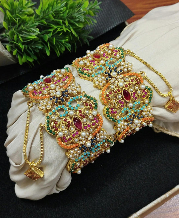 Multicolor gold openable bangle set with pearl details, colorful stones, floral design, and adjustable chain