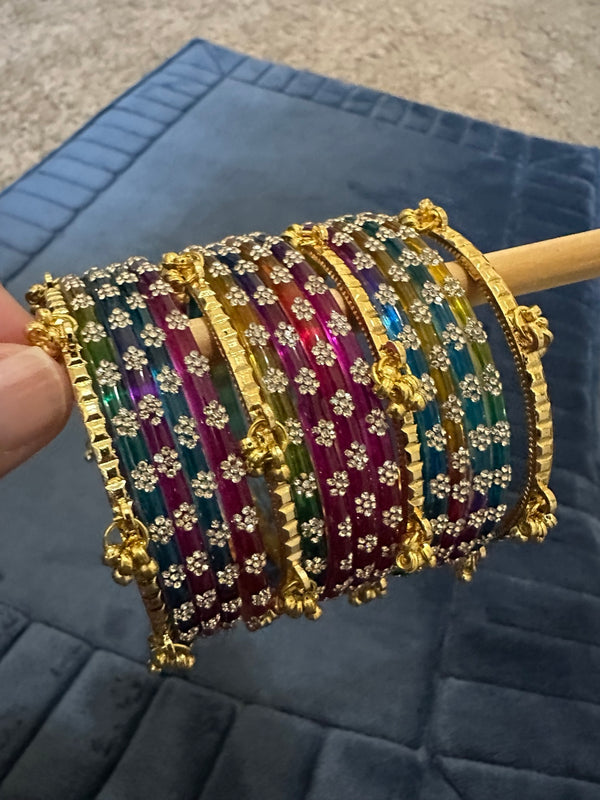 Multicolor Kashmiri metal and glass bangle set with floral crystal details