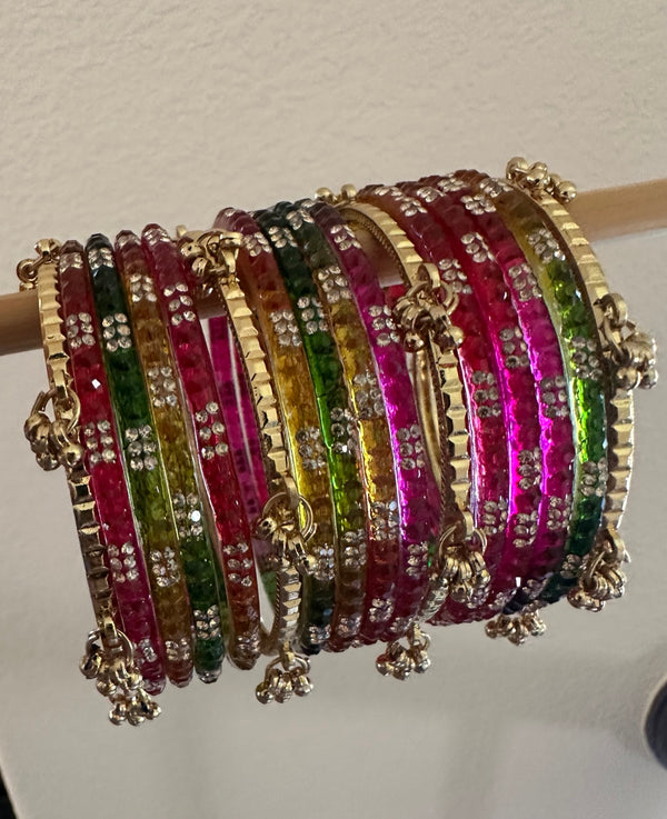 Multicolor Kashmiri metal and glass bangle set with sparkling floral crystal details