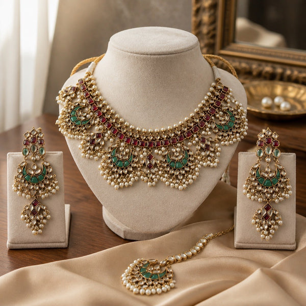 Luxury display of multicolor kundan bridal necklace set with earrings and tikka