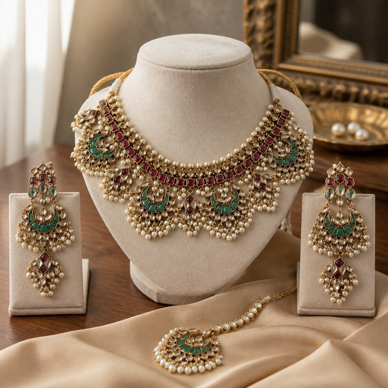Luxury display of multicolor kundan bridal necklace set with earrings and tikka