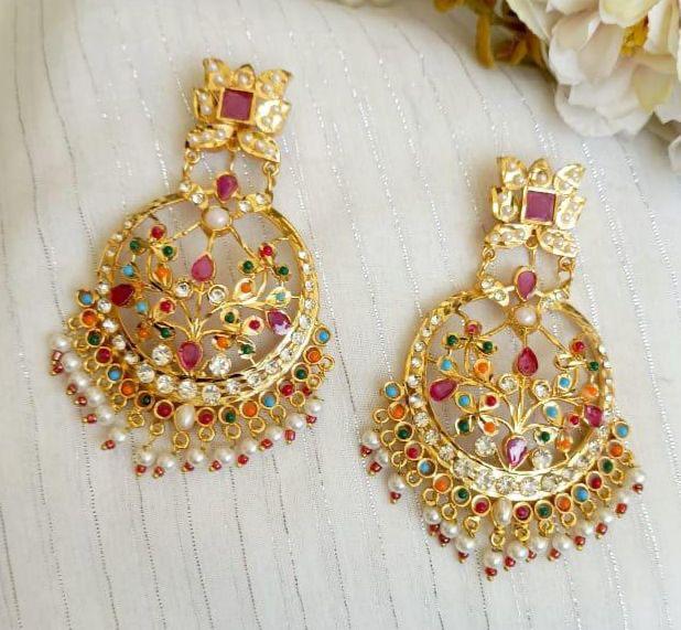 Multicolor Kundan chandbali earrings with ruby pink blue and green stones and pearl fringe