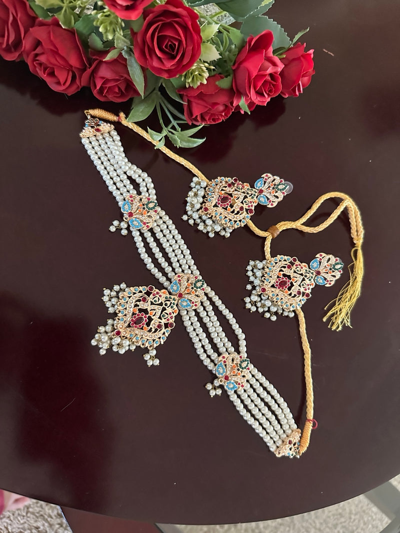 Full view of multicolor meenakari pearl necklace with matching earrings and pearl fringe
