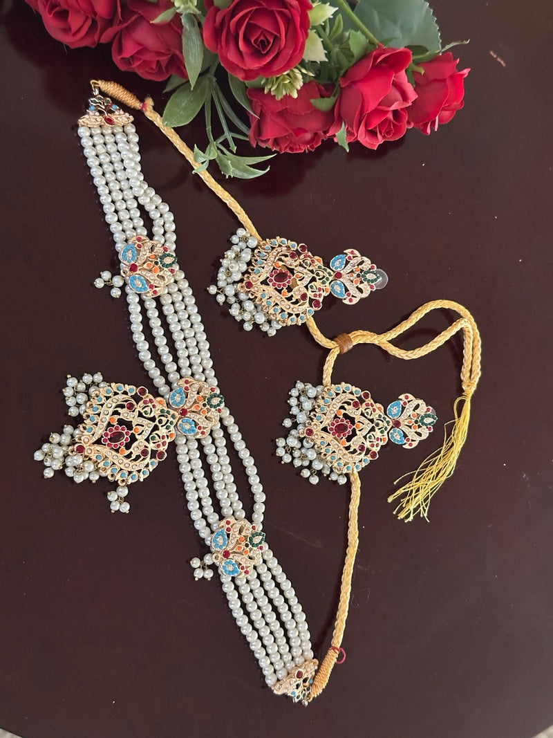 Multicolor meenakari pearl necklace set with matching statement earrings
