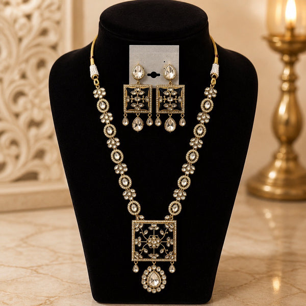 Navy blue square pendant Kundan long necklace set with matching earrings