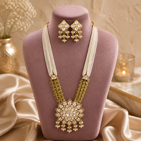 Olive green and pearl Kundan long mala necklace set with matching earrings