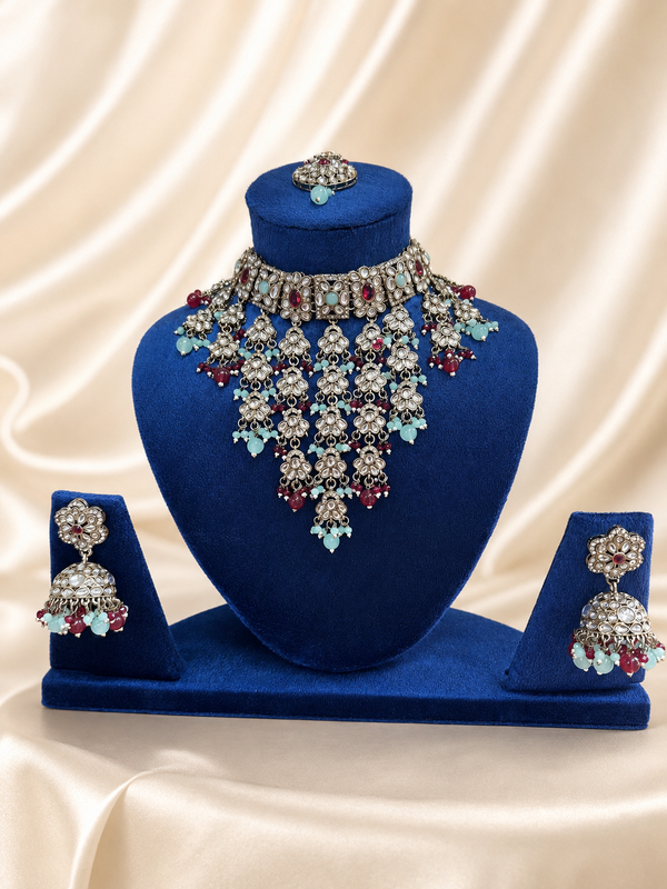 Pakistani Kundan choker necklace set with mint green and ruby beads