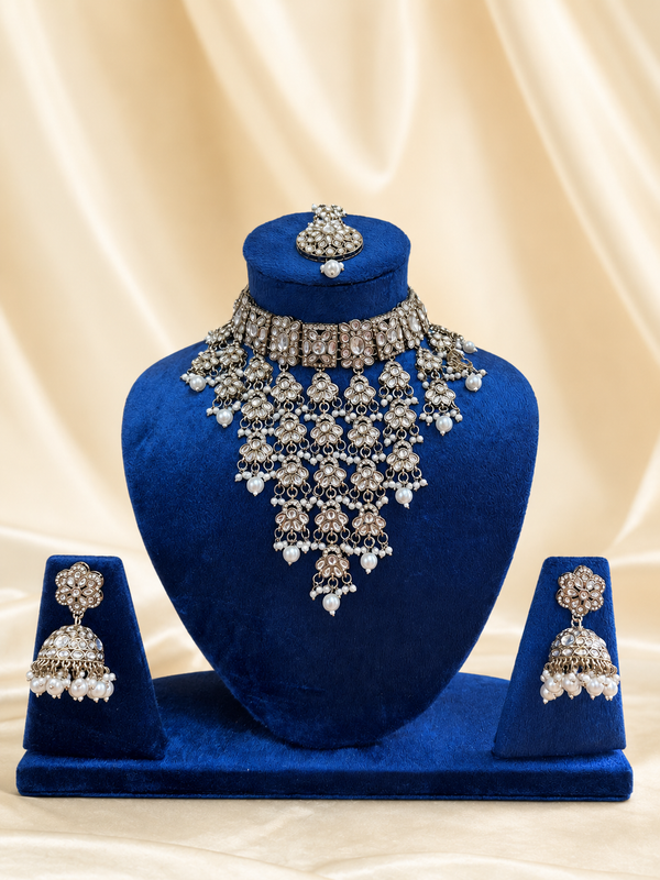 Pakistani Kundan choker necklace set with pearl white beads
