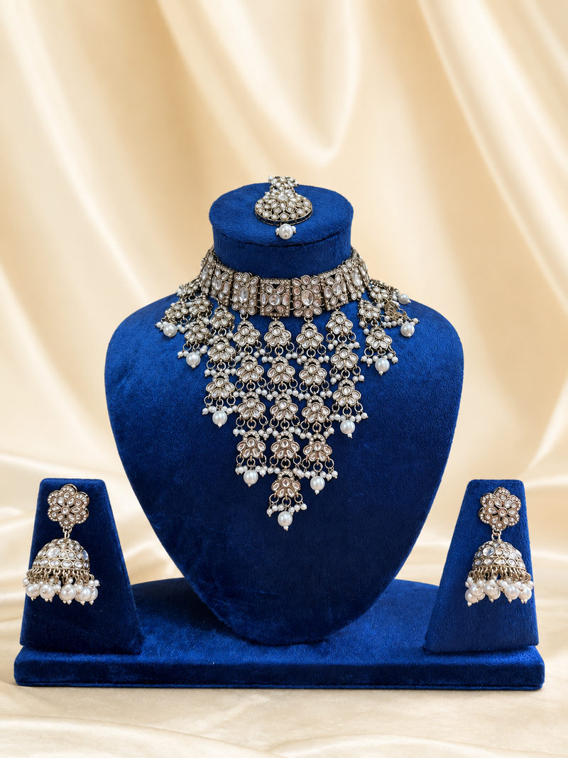 Pakistani Kundan choker necklace set with pearl white beads