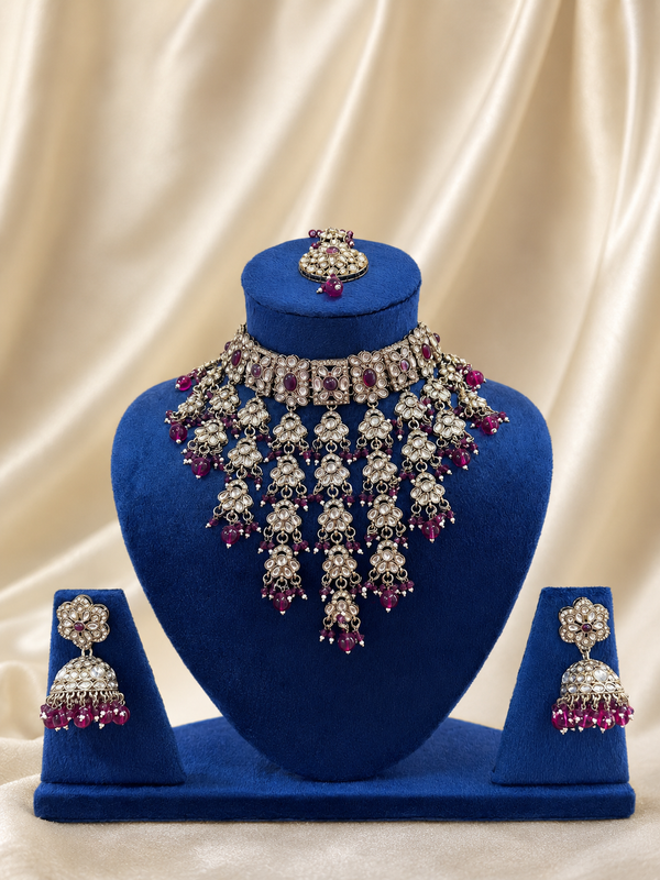 Pakistani Kundan choker necklace set with ruby pink beads