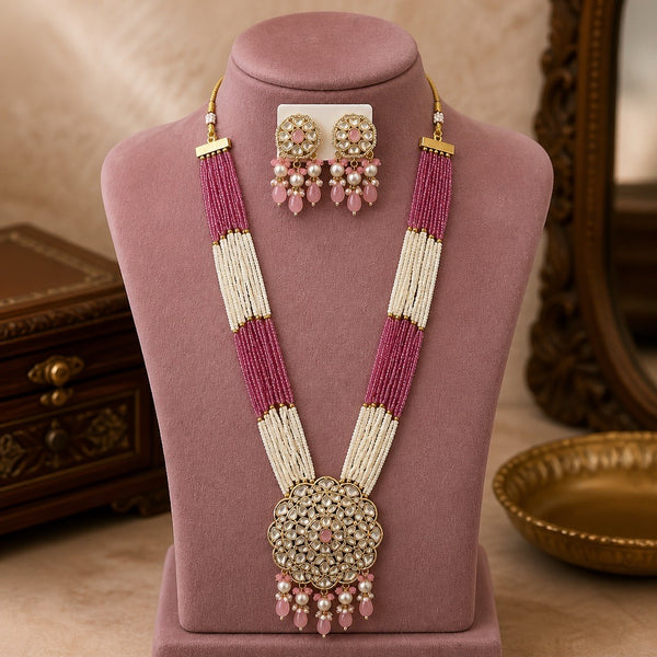 Pink and pearl long mala necklace set with matching earrings