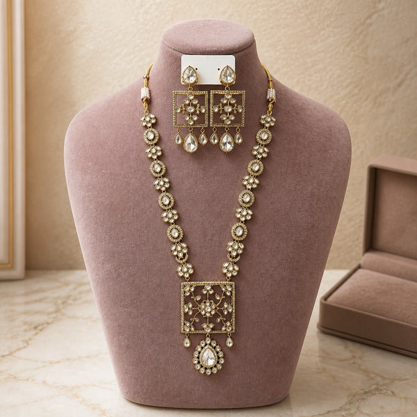 Pink square pendant Kundan long necklace set with matching earrings