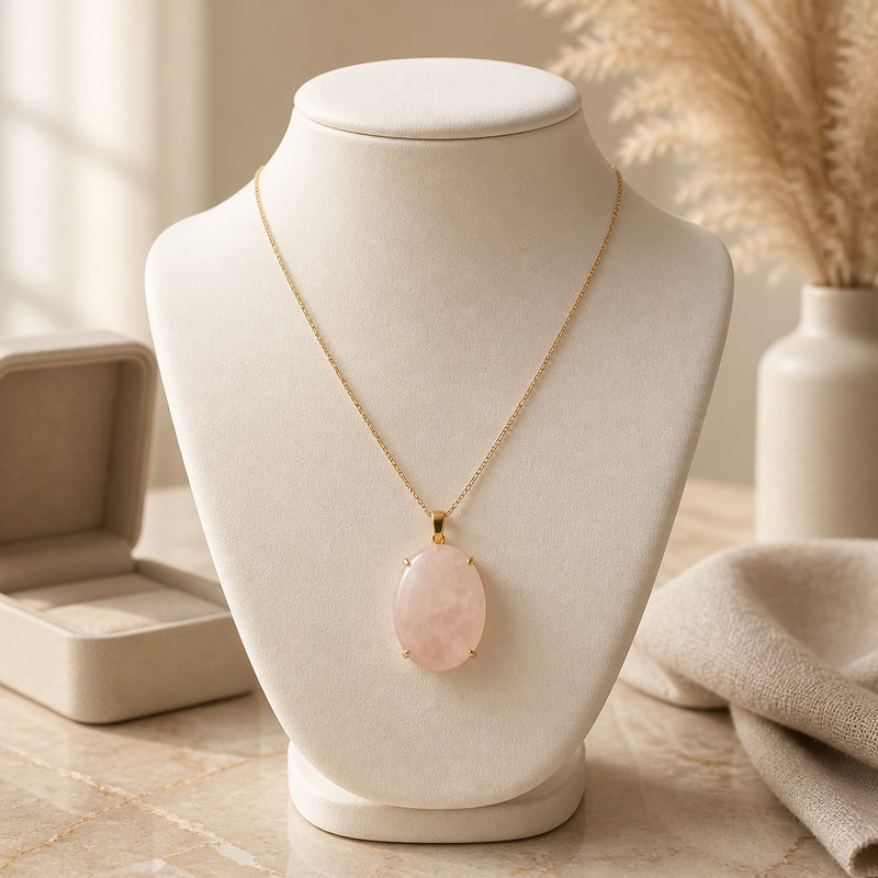 Rose quartz oval natural stone pendant necklace on a delicate gold tone chain