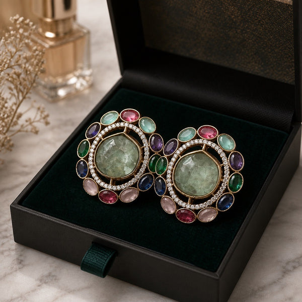Round statement stud earrings with mint center stone and multicolor accents