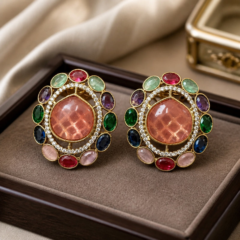 Round statement stud earrings with peach center stone and multicolor accents