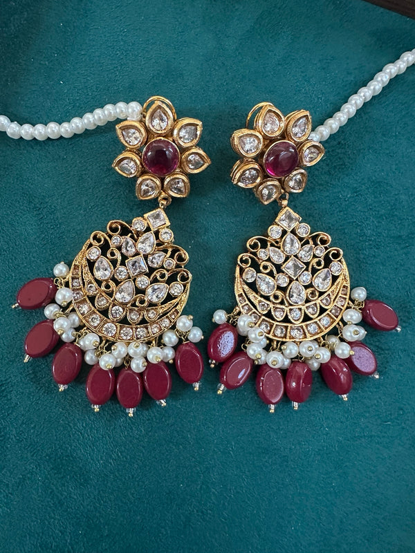 Ruby kundan chandbali earrings full view with pearl strand