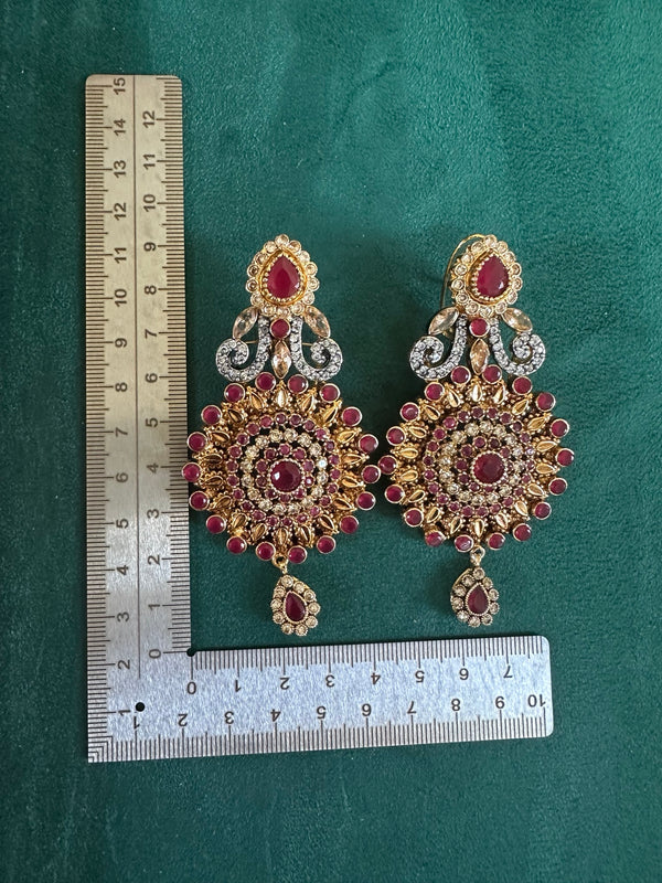 Ruby statement chandbali earrings with measurement ruler
