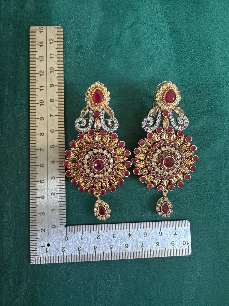 Ruby statement chandbali earrings with measurement ruler