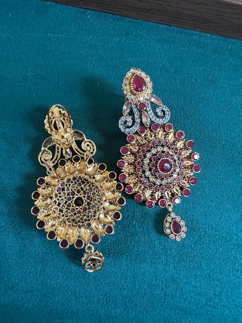 Ruby statement earrings front and back detail view