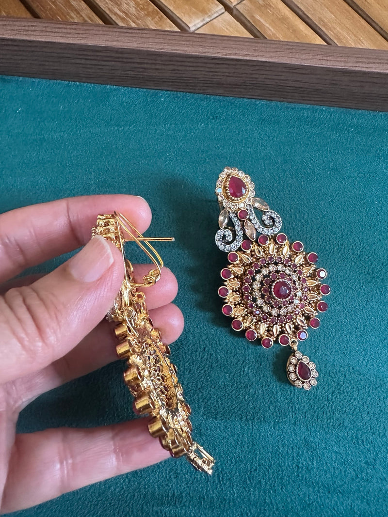 Ruby statement earrings side and back view with pin closure