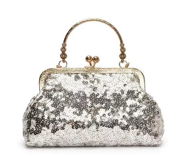 Silver sequin evening clutch handbag with gold-tone metal frame and top handle