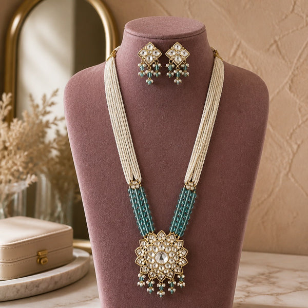 Teal blue and pearl Kundan long mala necklace set with matching earrings